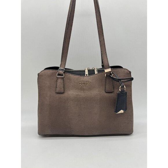 GUESS Lyndi Girlfriend croc embossed large satchel - Brown/Black - Picture 6 of 16